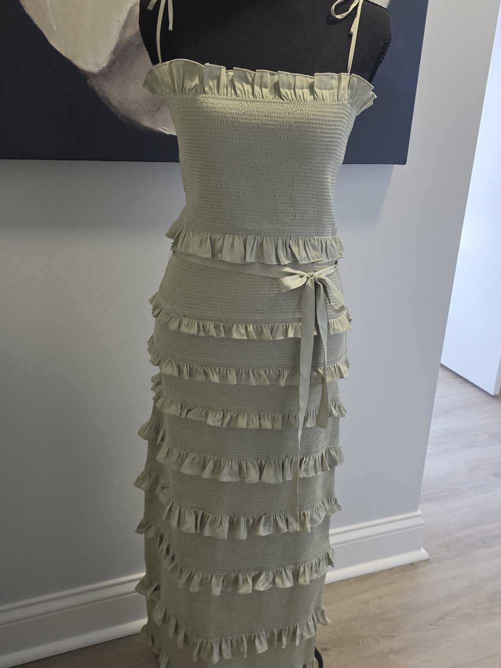 Light Sage Ruffle Smocked Maxi Dress